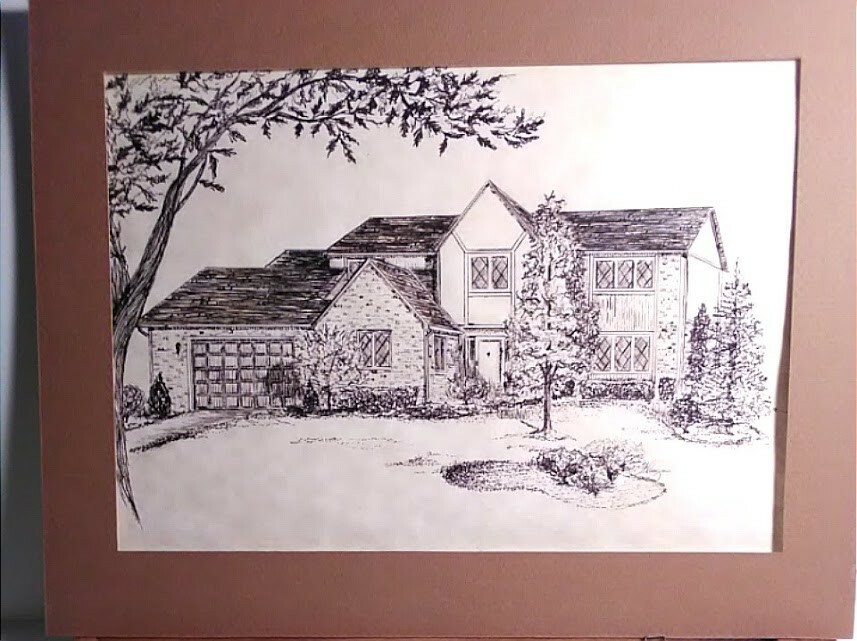 Signed Flanigan ? Hand Drawn in Ink on Parchment Paper Cozy Home in Oak Frame