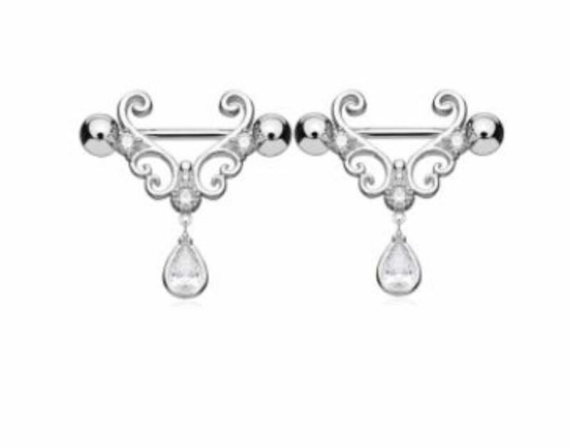 Stainless Steel Nipple Piercing Heart Sparkling 2 Piece Set 316l Stainless Steel
