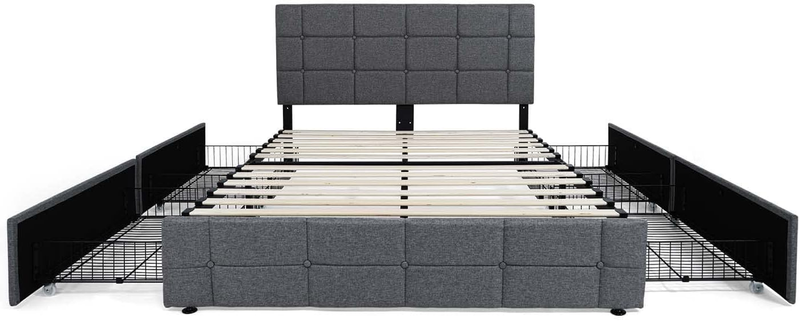 Upholstered Storage Bed Frame with 4 Drawers and Adjustable Headboard, Square St