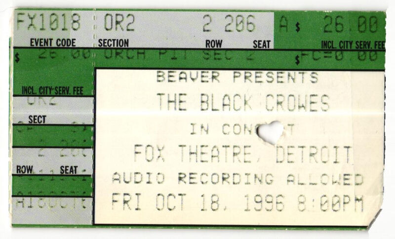 Vintage 1996 Black Crowes Concert Ticket Stub Detroit MI
