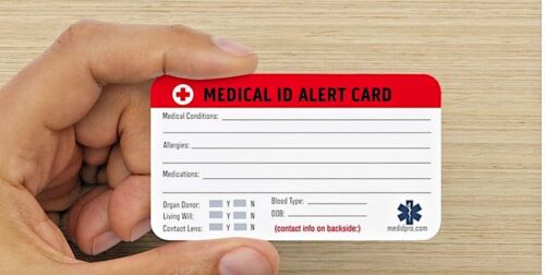 Emergency Medical ID wallet card for Medical Alert ID bracelets & Luggage Tags.