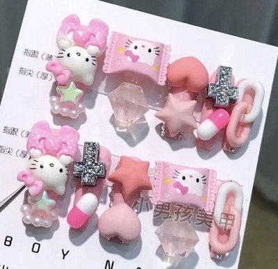 3D HELLO KITTY Press On Nails. 10 Pieces. Kawaii. Pink ASMR Kuromi. My Melody  
