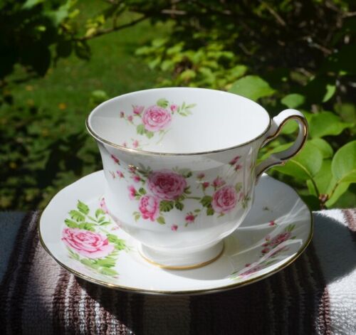 VINTAGE 1974 AVON FINE BONE CHINA PINK ROSES CUP & SAUCER DUO