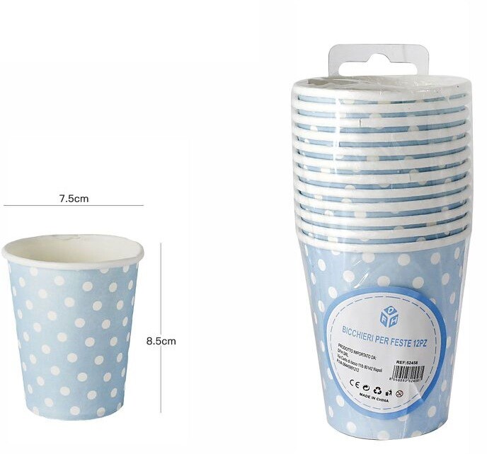 Set 12 Pezzi Bicchieri Azzurro Pois Bianchi In Carta Feste Compleanni Party dfh