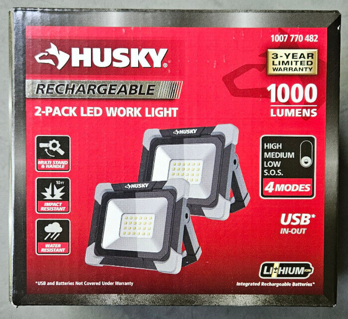 Husky USB LED Work Light Rechargeable Portable Multi Stand 1000 Lumens (2 PACK)