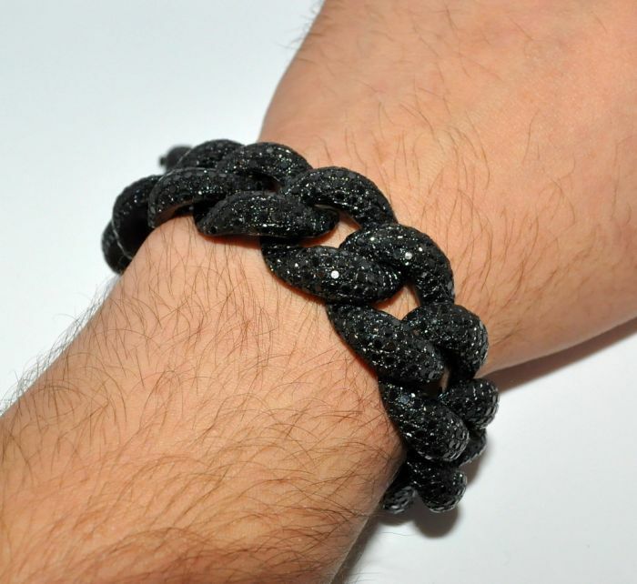 Pre-owned Online0369 6.66ct Black Cubic Zirconia Mens Link Bracelet In Black Rhodium Plated Silver