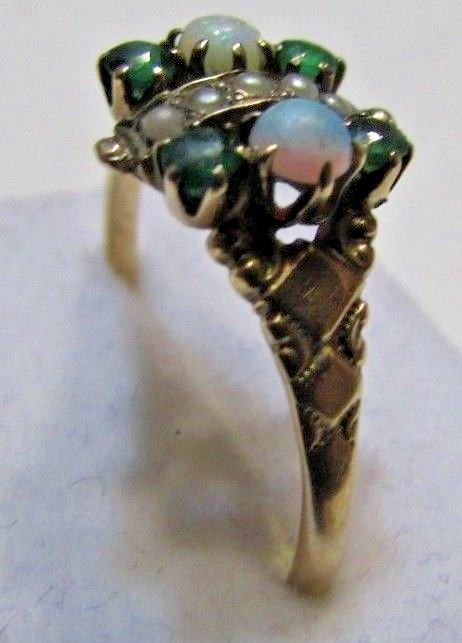Antique Victorian 10K Yellow Gold Emerald Opal & Seed Pearls Ring Sz 8.5