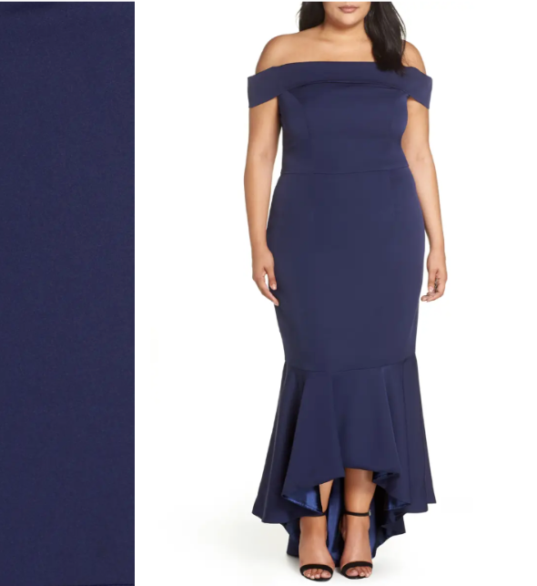 

CHI CHI LONDON Темно-синее платье-русалка с открытыми плечами и рюшами, высокое/низкое,  1X, Синий