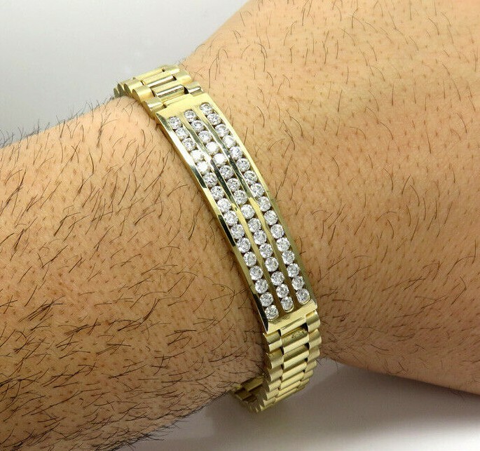 Pre-owned Online0369 1.65ct Cubic Zirconia Mens Presidential Bracelet Silver Yellow Gold Plated In White