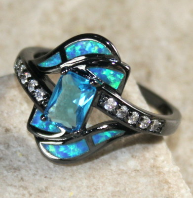 BLACK SILVER Elegant Blue Fire Opal & Sky Blue Topaz Ring Size 8, WR40501