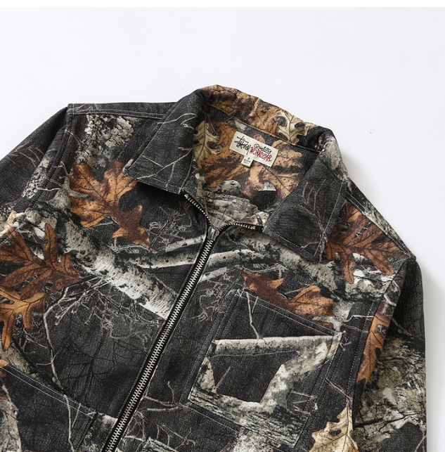Pre-owned Stussy Men's Camouflage Maple Leaf Print Denim Cargo Jacket Size (s-xl) In Multicolor