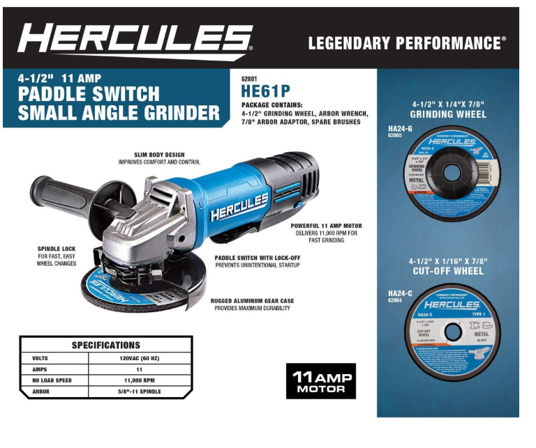 Hercules 4-1/2 in 11 Amp Heavy Duty Angle Grinder with Paddle Switch Powerful