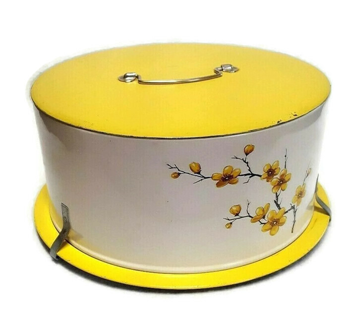 Decoware Vintage Cake Carrier Tin Cover with Handle Yellow Gold Floral Design