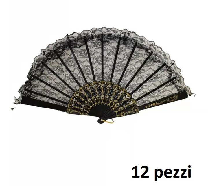 Set 12 Pezzi Ventaglio Tessuto Pizzo Nero Feste Matrimonio Caldo Estate bal