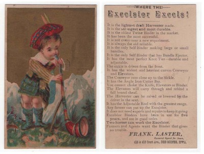 Vintage Excelsior Harvester Trade Card,  Boy Blowing Horn in the Mountains