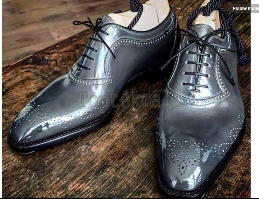 Pre-owned Handmade Men's Leather American Luxury Brogues Toe Oxfords Wingtip Shoes-195 In Gray