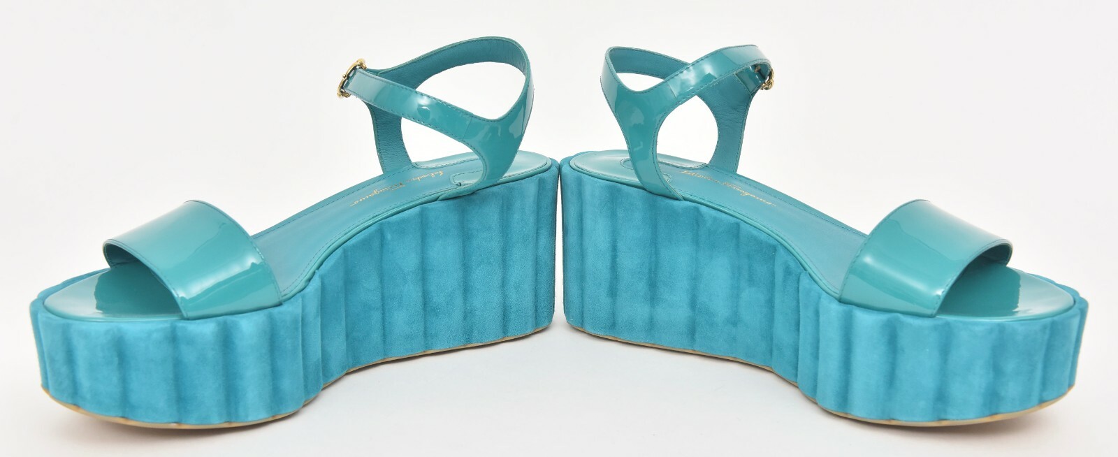 Pre-owned Ferragamo Salvatore  Tropea Teal Leather Flatform Sandals 9 B (eu 39 1/2) In Blue