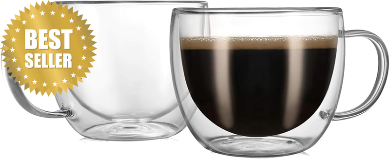 2 Pack Glass Coffee Mugs 250ML, Double Walled Insulated Thermal Mugs for Latte C