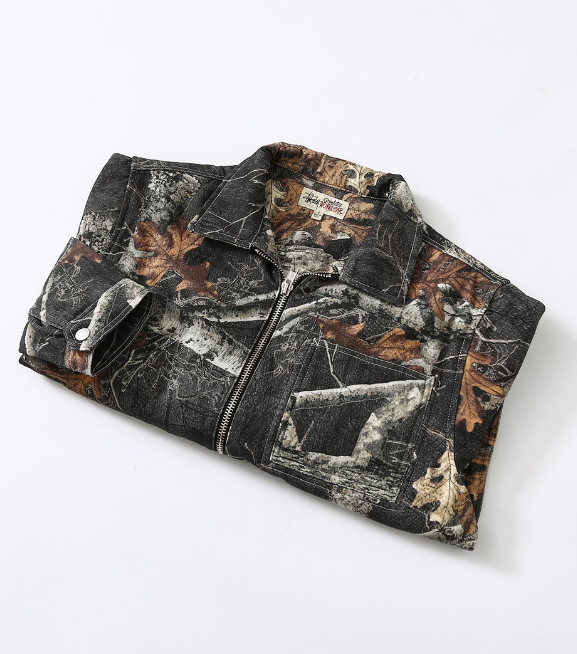 Pre-owned Stussy Men's Camouflage Maple Leaf Print Denim Cargo Jacket Size (s-xl) In Multicolor