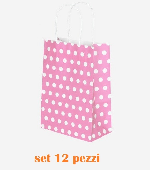 Set 12 Pezzi Buste Borsa Da Regalo Sacchetti Carta Rosa Pois 32x42x11,5cm dfh