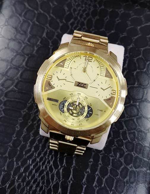 Orologio Da Polso Zcc Time4 Grande Uomo Analogico Data Quarzo Oro Giallo lac