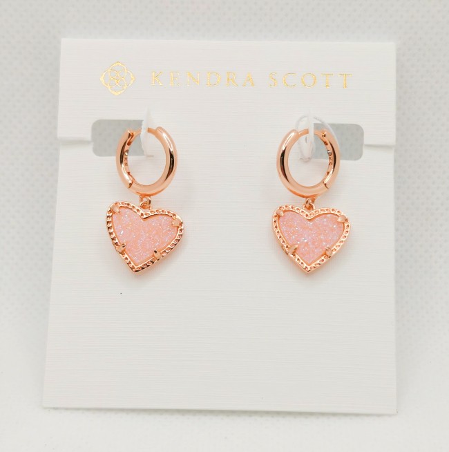 New Kendra Scott Ari Heart Rose Gold Plated Huggie Earrings in Pink Drusy