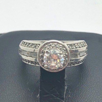 Sterling Silver 925 Oxidized Elevated Round CZ Triple Row Baguette Cocktail Ring