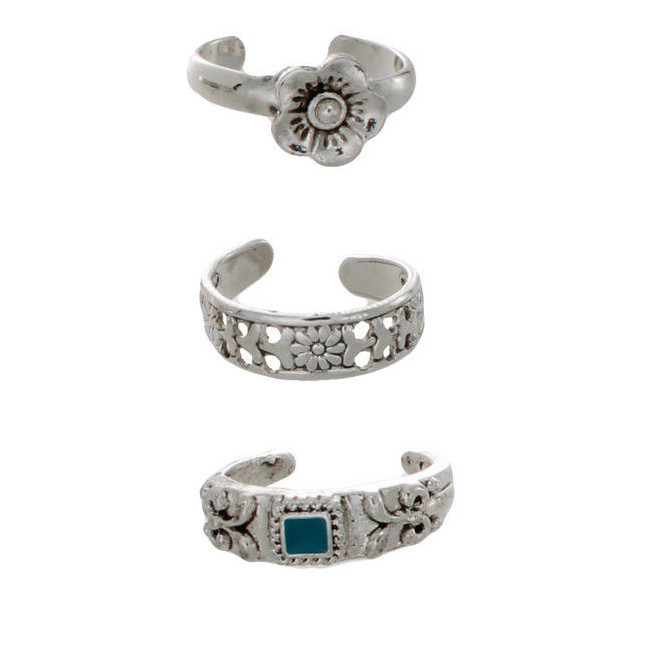 NEW No Boundaries 5 Piece Set Adjustable Toe Rings Flower Blue Silver Jewelry