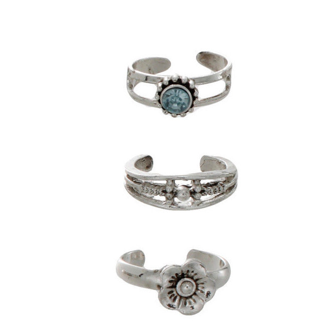 NEW No Boundaries 5 Piece Set Adjustable Toe Rings Flower Blue Silver Jewelry
