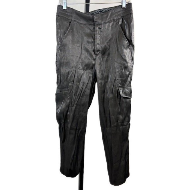 Anthropologie Cargo Jogger Pants Women's Size Medium Gunmetal Gray Green Satin
