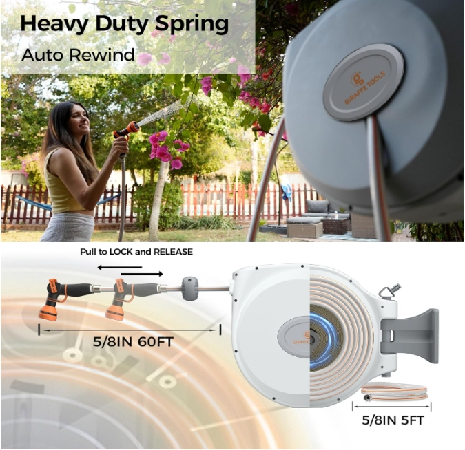 Giraffe Tools Retractable Water Hose Reel Wall Mounted Hose Reel 5/8-IN 65-FT