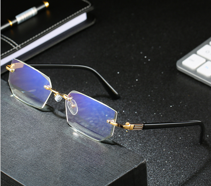 Luxury Rimless Flat Lens Eye Glasses Resin Diamond Cut Anti Blue Light Blocking 