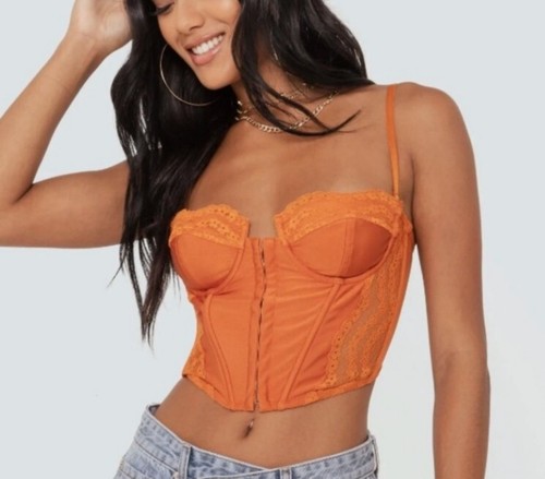 キャミソール logo corset top orange. Edikted Y2K Payton Satin Orange Lace up Corset Top Size