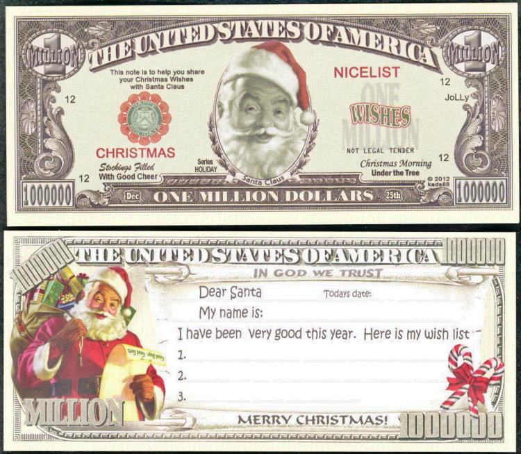 Coins &amp; Paper Money 100 Santa Claus Christmas Million Dollar FAKE Play