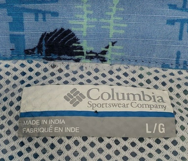Columbia Mens PFG Large Blue Vented Fishing Shirt Fish Print Short Sleeve