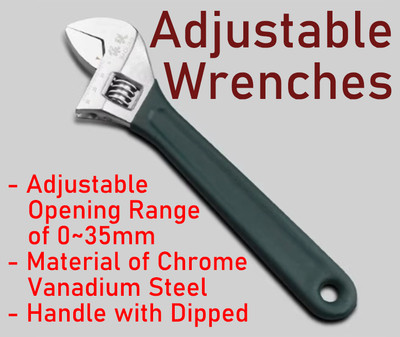 6'' 8'' 10'' 12'' Adjustable Wrenches Handle with Dipped Plastic Opening of 0~35mm
