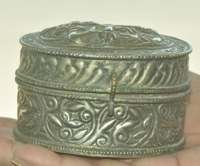 米国ヴィンテージ セルロイド リングボックス Vintage Silver Metal Trinket Box With Red Cloth Lining