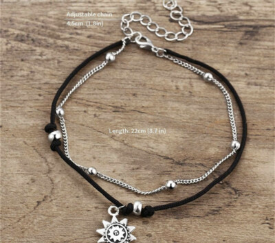 2PCS Cute Anklets,NewChiChi Elephant & SunFlower In Rope And Chain .Black Silver