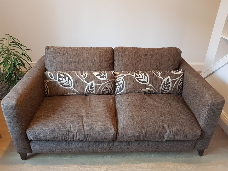 Dark Brown DFS 2 Seater Fabric Sofa with cushions in good condition
