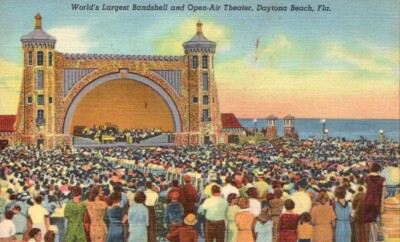 Linen Postcard Bandshell Open-Air Theater Daytona Beach Largest Florida FL UNP
