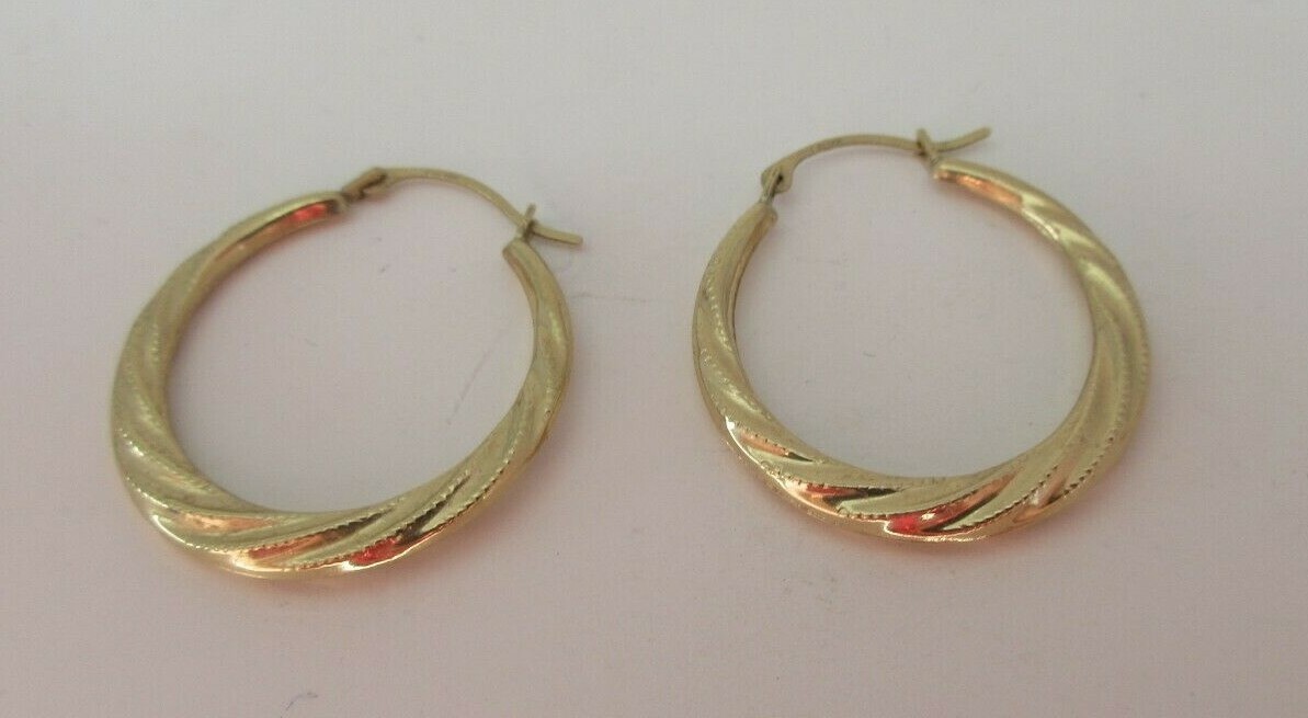 14K Yellow Gold Hoop EARRINGS Twisted Textured Genuine Signed LO 14 Karat