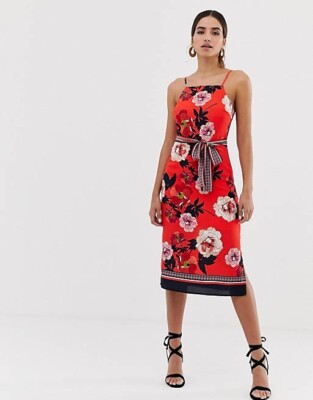 NEW OASIS RED BOTANICAL FLORAL MIDI DRESS CASUAL PARTY WEDDING SUMMER LOOK UK