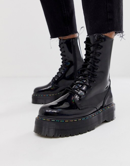 DR MARTENS JADON HI RAINBOW BOOTS UK 9 EU43 leather black patent chunky platform unisex mens