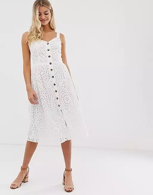 NEW OASIS WHITE BRODERIE BUTTON FRONT MIDI DRESS CASUAL SUMMER LOOK UK 12