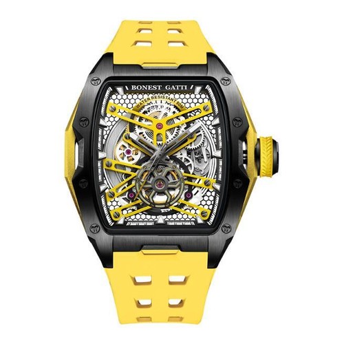 Pre-owned Fashion Yellow Gatti Sapphire Watch Skeleton Auto Mechanical Luminous Wristwatch