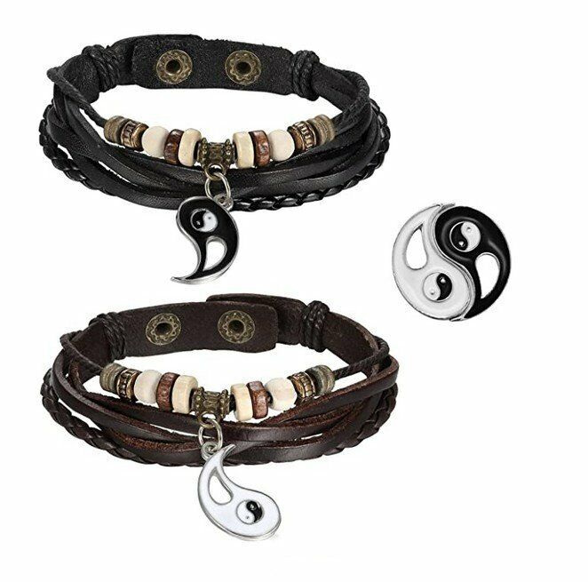 2pcs Mens Womens Vintage Taiji Yin Yang Ba Gua Pendant Leather Braided Bracelet