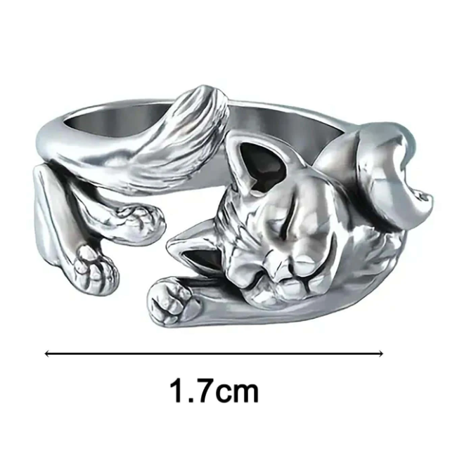 Stretching Cat Cute Ring,  Silver Animal, Pet Lover Ring Adjustable Size