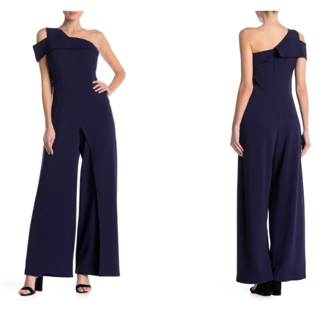 

НОВИНКА Темно-синий комбинезон эластичного трикотажа MARINA с вырезами на одно плечо и брюками  США S