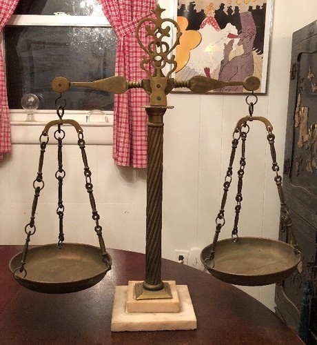 Antique Ornate Brass Balance Scale With Marble Base