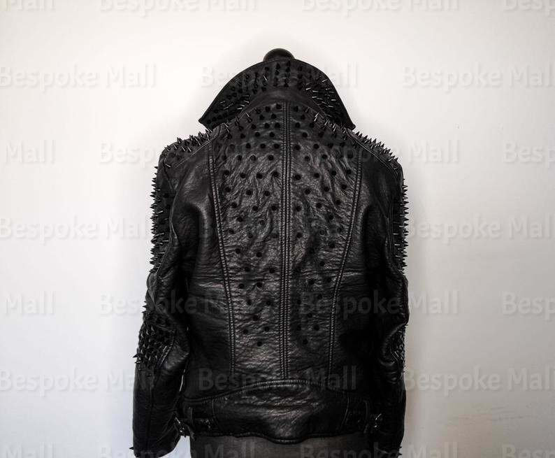 Pre-owned Handmade Woman Black Studded Brando Zippered Soft Cowhide Leather Jacket-67